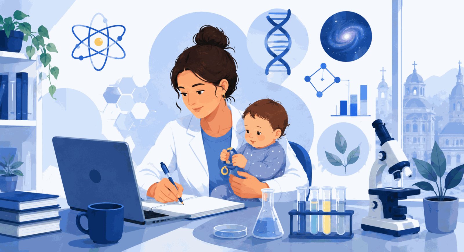 Una madre científica trabajando en su computadora mientras sostiene a su bebé.