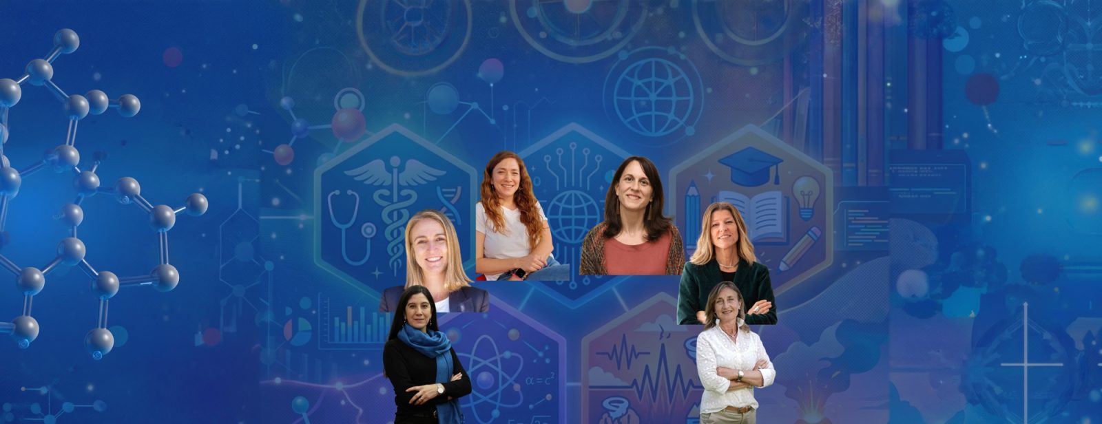 Mujeres destacadas en ciencia y tecnología con fondo azul y elementos gráficos.